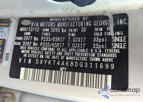 2013 Kia Sorento Lx из США, поврежденный, VIN 5XYKT4A68DG311699